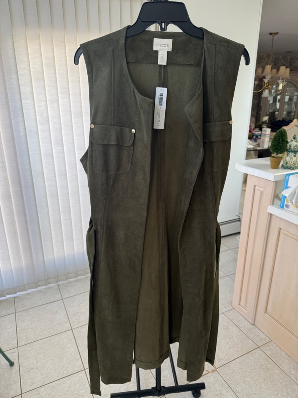 Chico's Deep Olive Suede Sleeveless Duster Vest